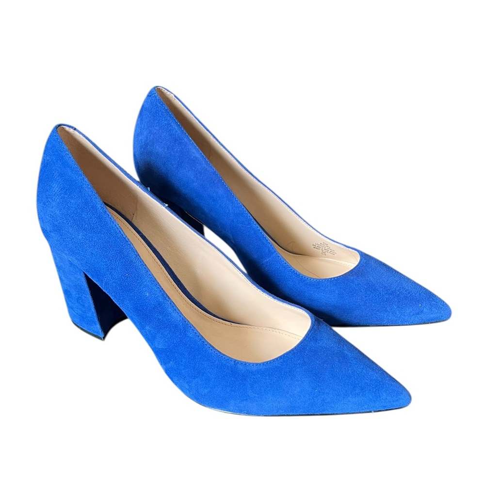Nine West Cara 9.5M Royal Blue Suede 3.5 Inch Block Heel Pumps